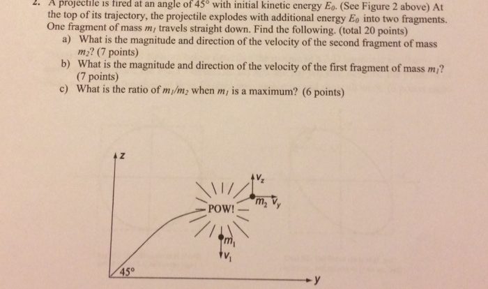 A projectile is fired at an upward angle of 45