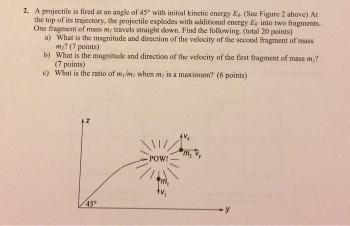 A projectile is fired at an upward angle of 45