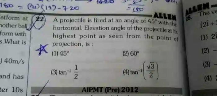 A projectile is fired at an upward angle of 45